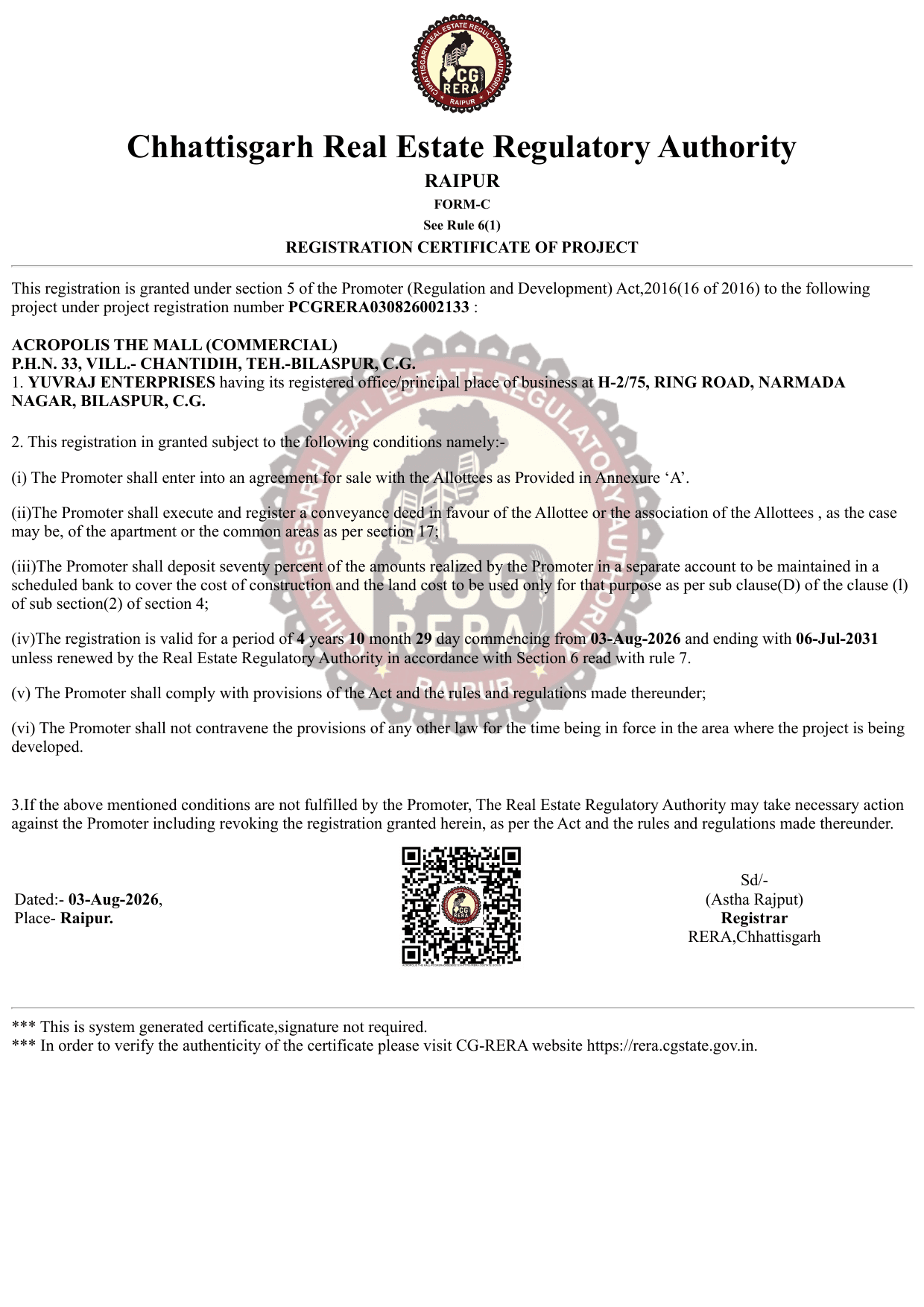 RERA approval certificate for Acropolis The Mall